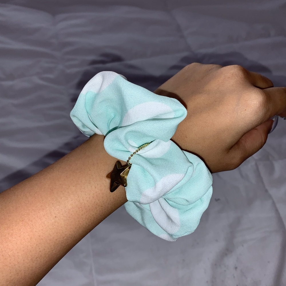 Mint polka dot scrunchie with gold star chain